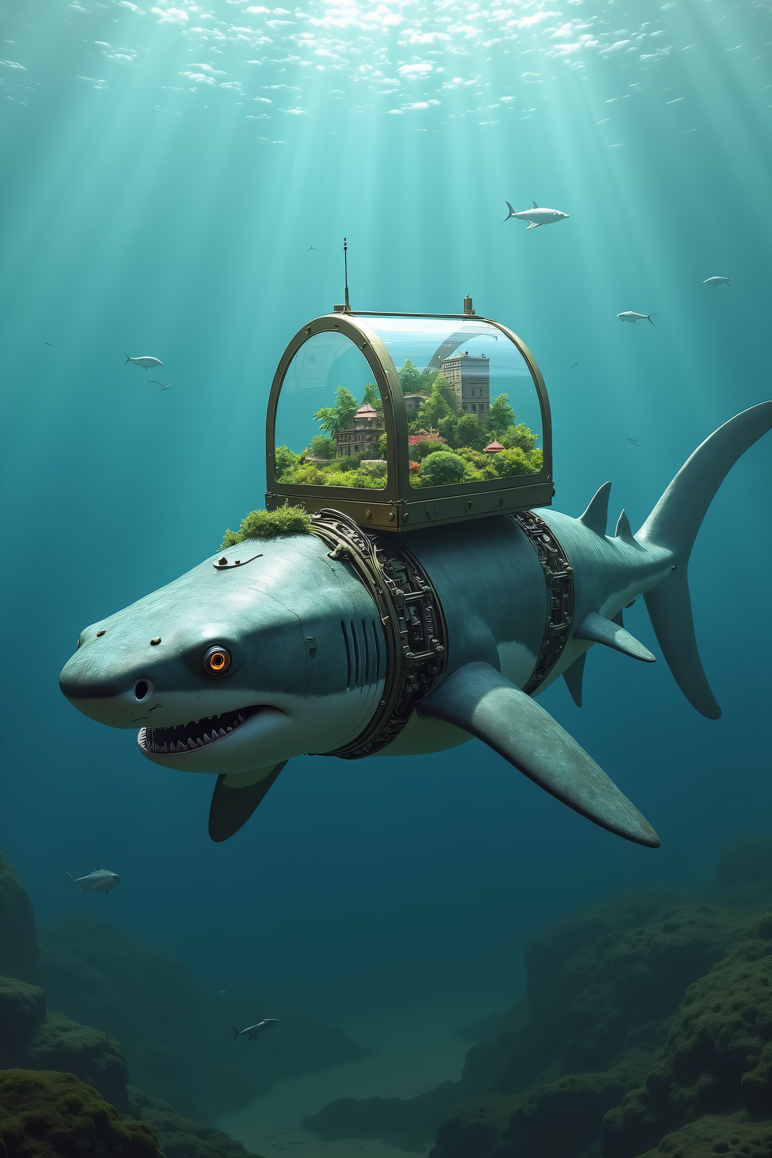 national geographic photography of a shark that is swimming in the dark ocean, he transport a glass terrarium with a miniture city in his head, realistic, mechanical vegetal cyborg, futuristic robot organisms, steampunk robot shark, steampunk animal