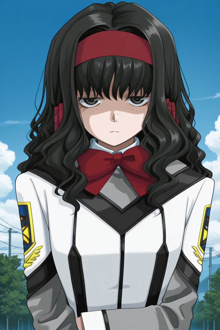 masterpiece, best quality, source_anime,official art,perfect_anatomy,1girl,Moe_Ishizu,black hair,black_eyes,Freckles,long hair,hairband,school_uniform,(beautiful detailed face,looking_at_viewer),upper_body,day,blue_sky,cloud