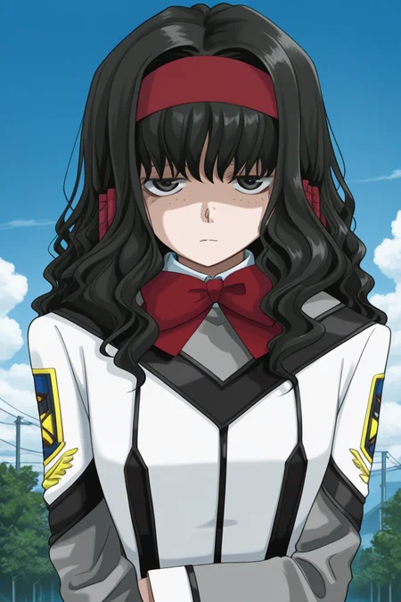 masterpiece, best quality, source_anime,official art,perfect_anatomy,1girl,Moe_Ishizu,black hair,black_eyes,Freckles,long hair,hairband,school_uniform,(beautiful detailed face,looking_at_viewer),upper_body,day,blue_sky,cloud