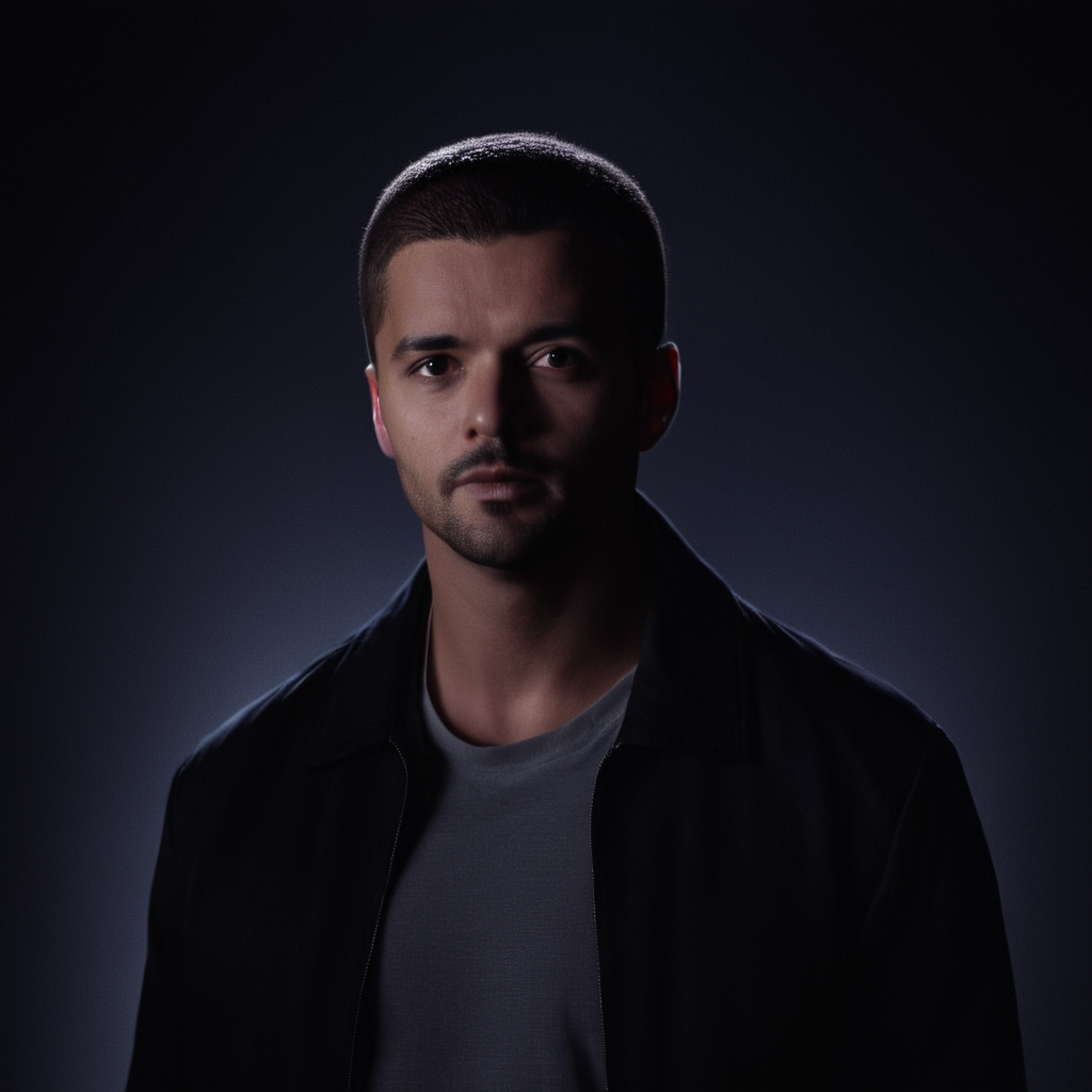 cinematic film still of  <lora:Cool Lighting Style:1> Blue Cool Lighting Style
 <lora:Chiaroscuro Lighting Style:1>
dramatic, cinematic, shadow, partially covered in shadow, a man in a black jacket and a gray shirt Chiaroscuro Lighting Style, solo, looking at viewer, short hair, simple background, brown hair, shirt, black hair, 1boy, jacket, white shirt, upper body, male focus, open clothes, pants, open jacket, black jacket, facial hair, black background, realistic, hands in pockets, shallow depth of field, vignette, highly detailed, high budget, bokeh, cinemascope, moody, epic, gorgeous, film grain, grainy