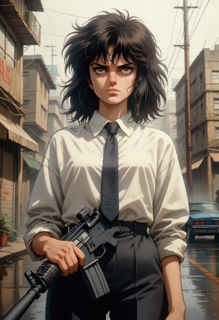 score_9, score_8_up, score_7_up, source_anime, 
1girl, solo, 
medium hair, black hair, messy hair, 
expressionless, (empty eyes:0.7), (smirk:0.7), (smug:0.80), 
business suit, necktie, white shirt, 
outdoors, streets, 
cowboy shot, dutch angle, untucked shirt,
retro, ghostintheshellstyle,
ho1ding-weap0n, holding rifle
