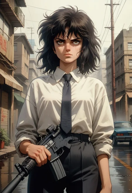 score_9, score_8_up, score_7_up, source_anime,
1girl, solo,
medium hair, black hair, messy hair,
expressionless, (empty eyes:0.7), (smirk:0.7), (smug:0.80),
business suit, necktie, white shirt,
outdoors, streets,
cowboy shot, dutch angle, untucked shirt,
retro, ghostintheshellstyle,
ho1ding-weap0n, holding rifle
