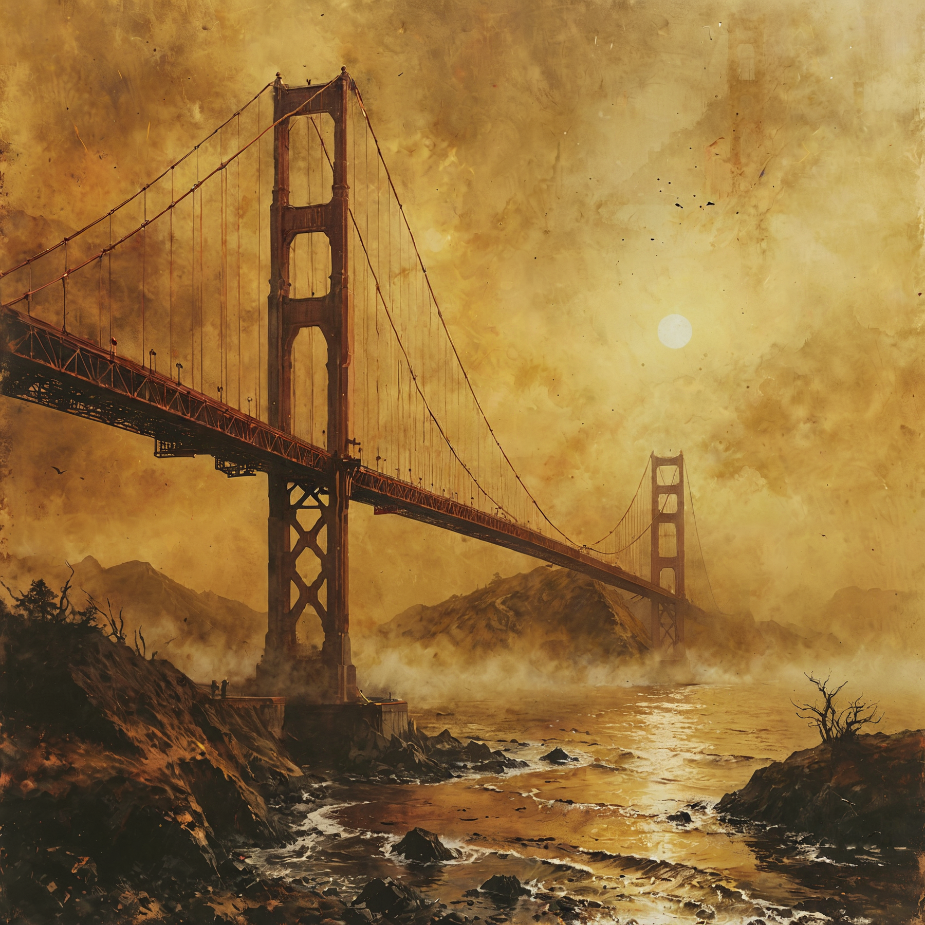 The Golden Gate Bridge.

airbrush painting.

Atmospheric, beautiful, restful, warm hues, warm tones, rustic.

<lora:RMSDXL_Enhance:0.4>
<lora:add-detail-xl:0.4>
<lora:The_Dark_Side_of_the_Earth:0.2>

<lora:dvr-cpwr:0.2> copper wire 
<lora:Desolation:0.6>