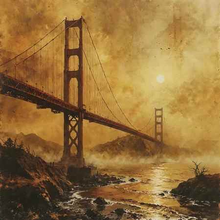 The Golden Gate Bridge.
airbrush painting.
Atmospheric, beautiful, restful, warm hues, warm tones, rustic.
<lora:RMSDXL_Enhance:0.4>
<lora:add-detail-xl:0.4>
<lora:The_Dark_Side_of_the_Earth:0.2>
<lora:dvr-cpwr:0.2> copper wire
<lora:Desolation:0.6>