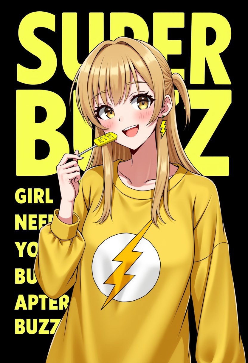 aidmatextimprover, 1girl, 18 years old, beautiful girl, light brown eyes, yellow lightning earrings, golden hair, yellow lightning label on all clothes, yellow lightning lollipop
girl smiling, dark background, yellow lightning label on background,
 text: "SUPER BUZZ GIRL NEED YOU BUZZ!", large letters, black outline