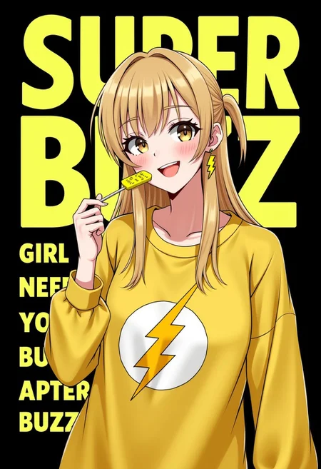 aidmatextimprover, 1girl, 18 years old, beautiful girl, light brown eyes, yellow lightning earrings, golden hair, yellow lightning label on all clothes, yellow lightning lollipop
girl smiling, dark background, yellow lightning label on background,
text: "SUPER BUZZ GIRL NEED YOU BUZZ!", large letters, black outline