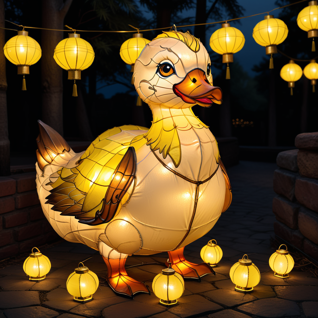 Create a realistic style image featuring a yellow duck constructed entirely out of lanterns. The lanterns should give off a soft, warm glow, illuminating the duck's form in a dark setting, highlighting its intricate design and the yellow hue of the lanterns. The duck is positioned so that its playful shape and cheerful demeanor are prominent, with attention to the texture and light reflection on the lanterns to enhance the realism of the scene, <lora:lightflower3:0.8>