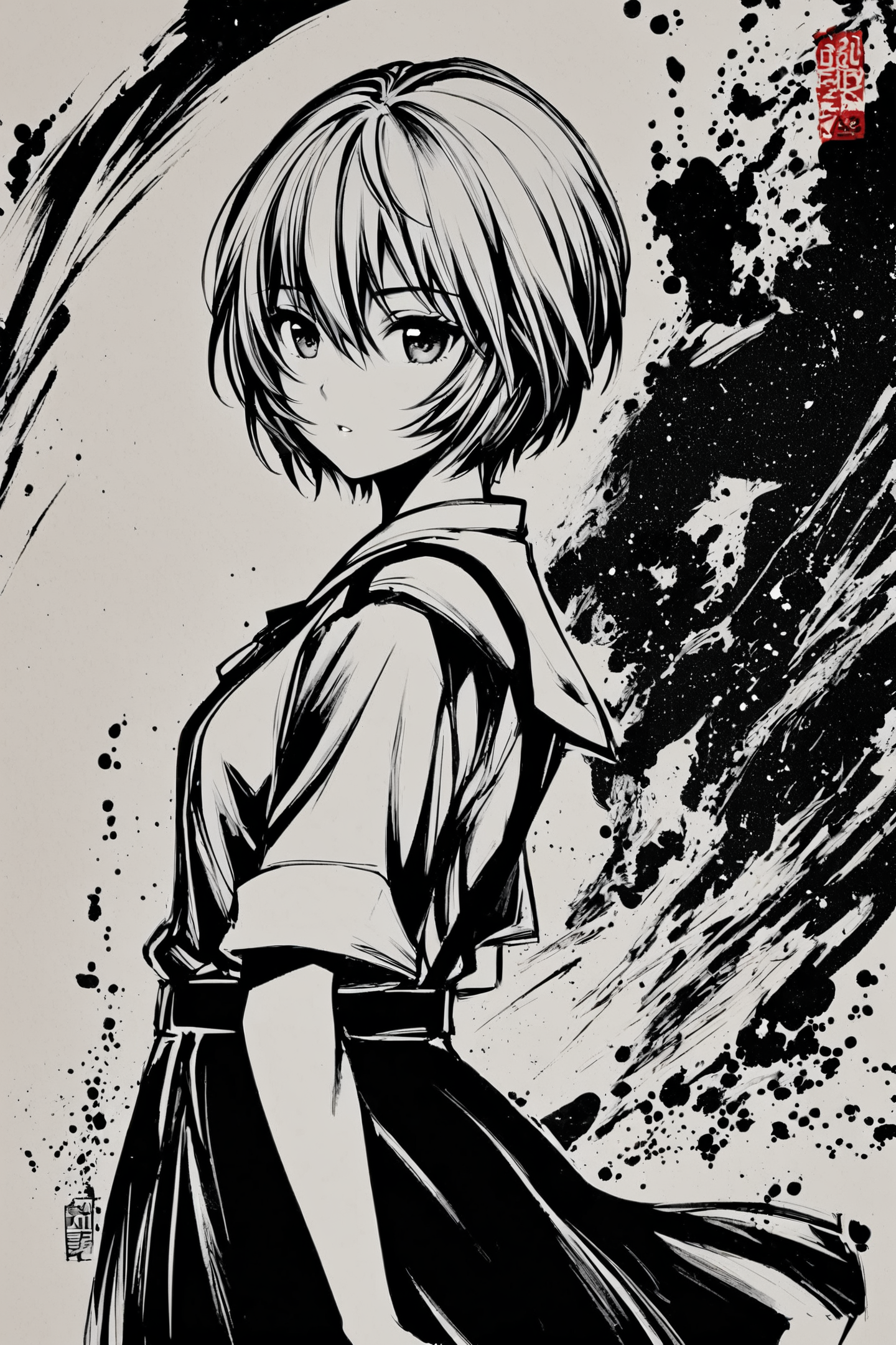 1girl,ayanami rei,solo,short hair,school uniform,tokyo-3 middle school uniform,signature,short sleeves,hair between eyes,suspender skirt,bangs,shirt,cowboy shot,looking to the side,skirt,white shirt,looking at viewer,parted lips,suspenders,monochrome,artist logo,greyscale,
<lora:okazu_XL:0.9>,