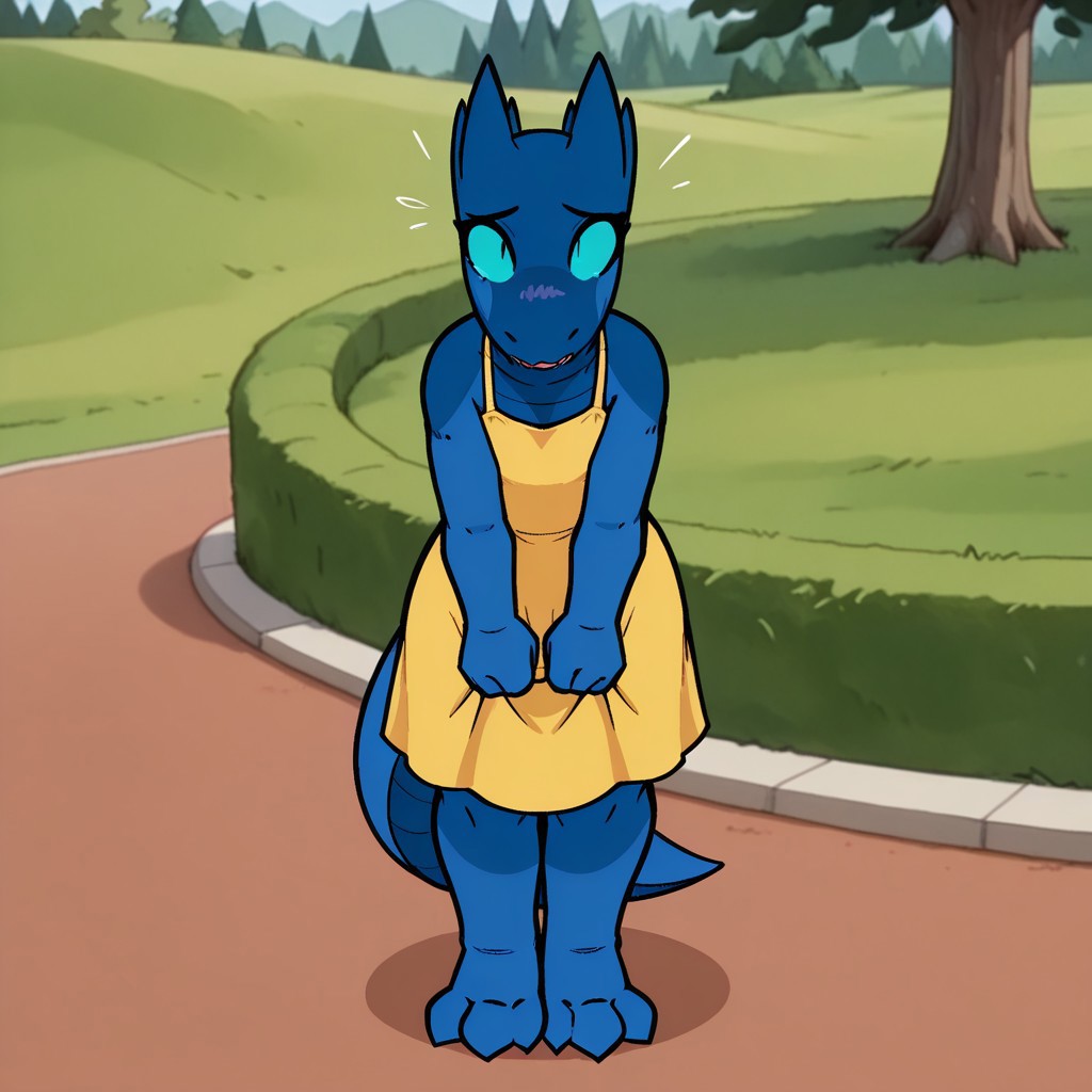 masterpiece, best quality, amazing quality, loloriIl, anthro, female, kobold, reptile, blue skin, blue sclera, black eyes, tail, in a park, yellow sundress, standing, solo, 1girl