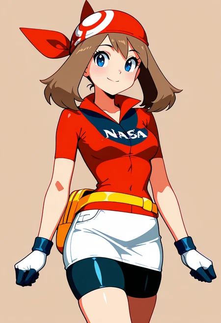 masterpiece, best quality, medium breasts, (curvy), narrow waist, BREAK, zzMay, may (pokemon), solo, brown hair, blue eyes, medium hair, red shirt, bike shorts, red bandana, red shirt, gloves, white miniskirt, yellow belt, <lora:MayPokemonIXL_v2:1.0>,smile, looking at viewer, cowboy shot, N4S4, denim skirt, ,<lora:NASAShirtAnime_IXL_v1:1.0>,