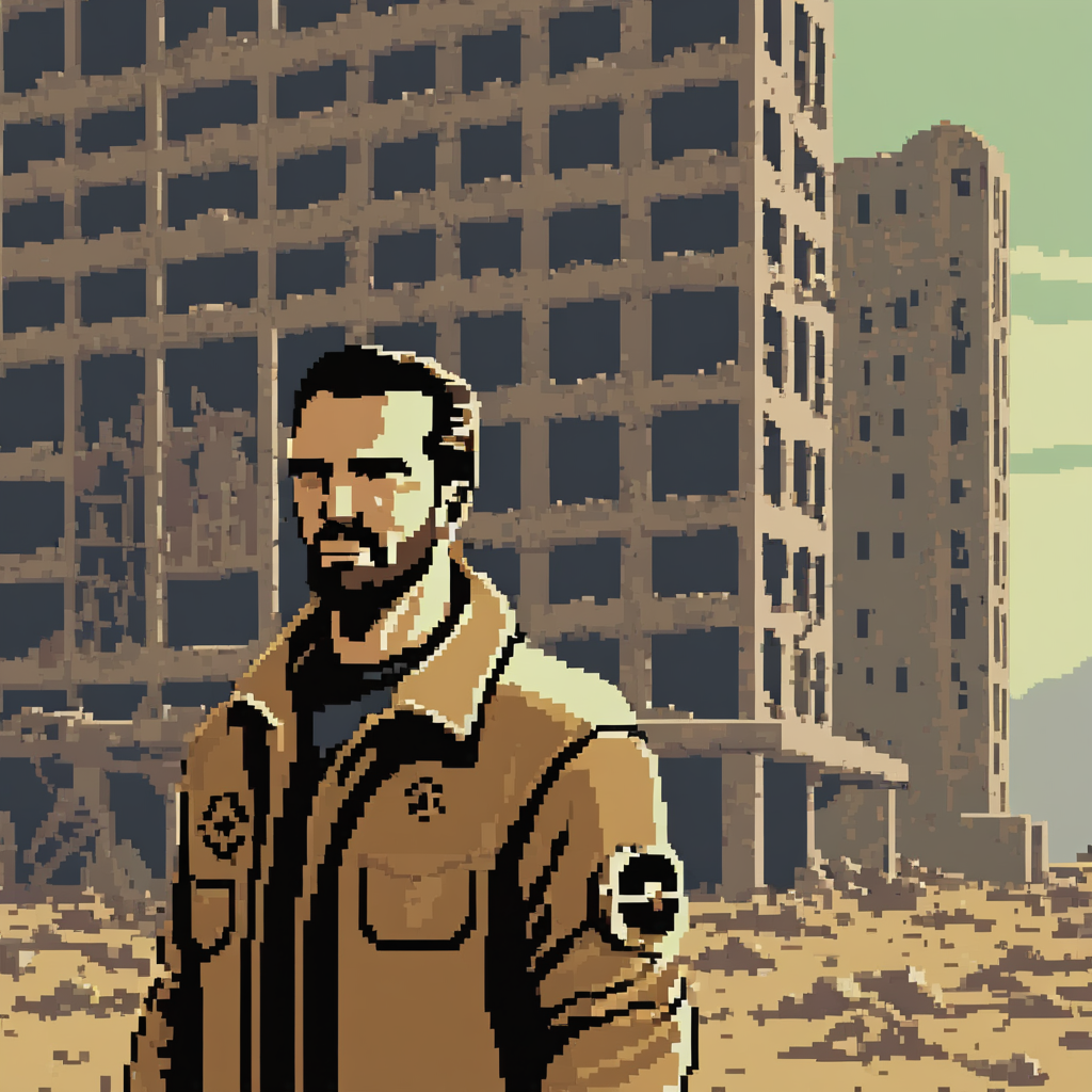 pixel-art pixelartlora, portrait . low-res, blocky, pixel art style, 8-bit graphics, pixelartlora, portrait,Fallout, Post-apocalyptic, desolate landscapes, retro-futuristic, ruined buildings, radiation, 1950s style, vaults, survival, intricate details, muted colors