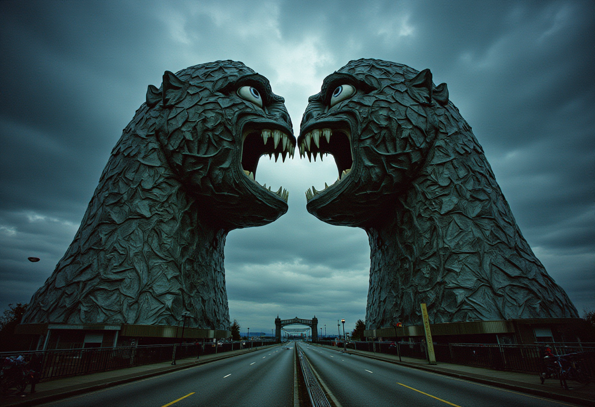 gothic style frightful scene of a colossal  stained glass pair of conjoined twin ghoul shaped novelty architecture building operating as a bridge in a nuclear confinement zone.  . dark, mysterious, haunting, dramatic, ornate, detailed