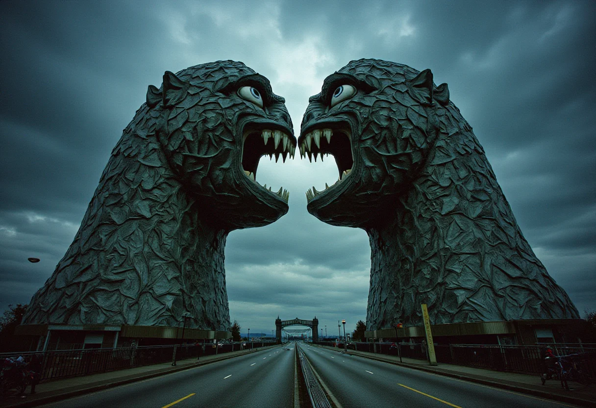 gothic style frightful scene of a colossal  stained glass pair of conjoined twin ghoul shaped novelty architecture building operating as a bridge in a nuclear confinement zone.  . dark, mysterious, haunting, dramatic, ornate, detailed