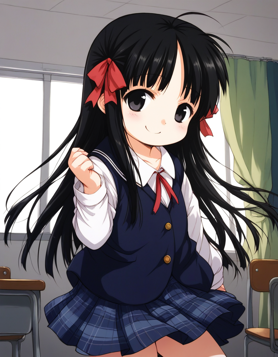 score_9, score_8_up, score_7_up, source_anime, rating_explicit, BREAK  <lora:Hoshino_Hina_XL:1> Hoshino_Hina, long hair, black hair, black eyes, hair ribbon, short stack,
school uniform, checked skirt, long skirt,
room, curtain, window, flooring,
smile,
looking at viewer, 
cowboy_Shot,