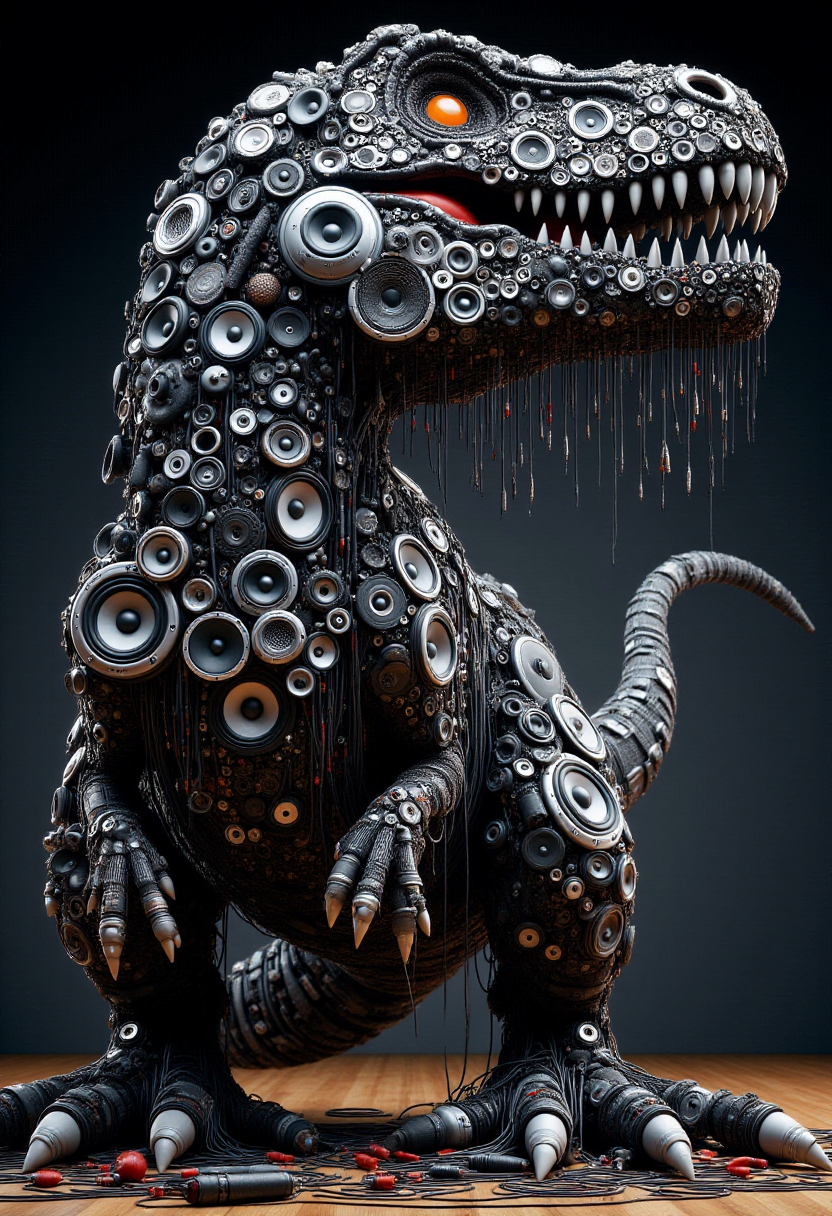 <lora:Audio_Artisan_FLUX:0.9>
Realistic photo of a futuristic dinosaur made entirely of various electronic components and audio equipment.