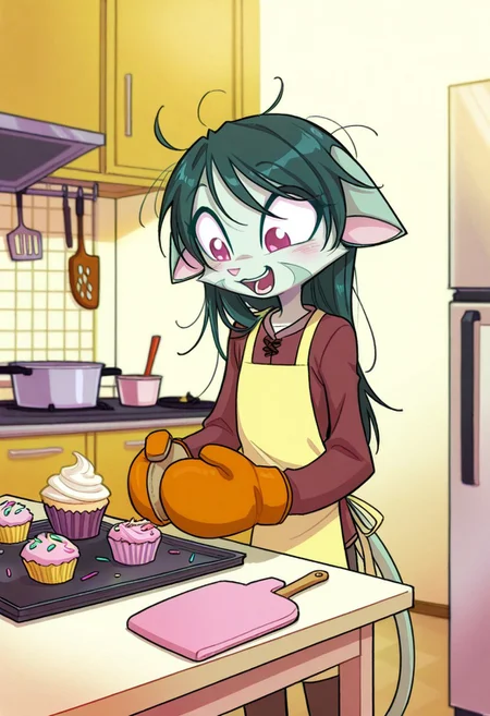 score_9, score_8_up, score_7_up,lilith_calah,
1girl,solo,furry,tail,dark green hair, source_furry,
,<lora:lilith_calah_illustrious:0.8>,
child, kid,
cupcake, apron, baking, oven_mitt, flour, messy_hair, giggling, kitchen, warm_light, sprinkles