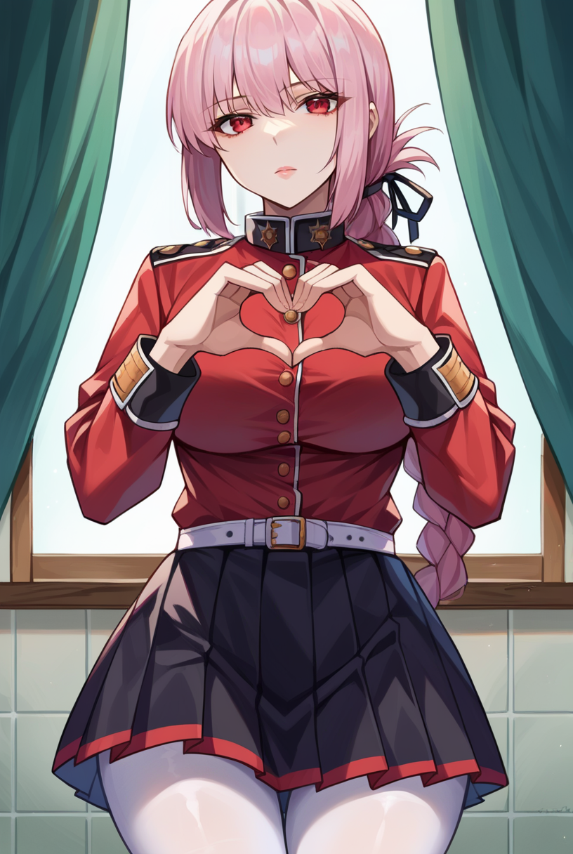score_9, score_8_up, score_7_up, score_6_up, score_5_up, score_4_up, source_anime BREAK 1girl, solo, looking at viewer, cowboy shot, <lora:Florence_Nightingale_Sdxl-10:1>, Florence_Default, pink hair, long hair, hair between eyes, braided ponytail, folded ponytail, sidelocks, red eyes,  military jacket, military uniform,  red jacket, buttons, collar, sleeve cuffs, black skirt, pleated skirt, white belt, white pantyhose, large breasts, wide hips, lips, indoors, white tiles, tile wall, infirmary,  day, expressionless, heart hands,