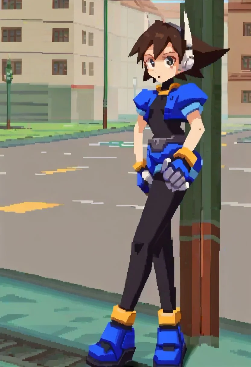 score_9, score_8_up, score_7_up, 1girl, small breasts, brown hair, short hair, robot ears, black bodysuit, fingerless gloves, blue Cropped Jacket, cropped jacket, short sleeves, bracelet, shorts, anklet, shoes, blue footgear, looking at viewer, standing, leggings, city background, rcklgnd