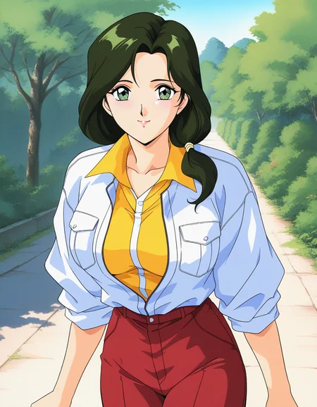 general,highres, ultra-detailed,very aesthetic,best quality ,best hands,  BREAK <lora:Sakurai_Sensei_IS:1>Sakurai_Sensei, dark green hair, long hair, green eyes, large breasts, low ponytail, lips,1990s (style), anime coloring, BREAK,
smile,looking at viewer, cowboy_Shot,
down arms,
Yellow shirt, white jacket, red pants, long pants,
outdoor, day,, general,highres, ultra-detailed,very aesthetic,best quality ,best hands,  BREAK