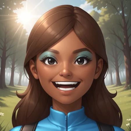 score_9, score_8, BREAK, solo, wii, mii, wii sports, 1girl, female mii, black eyes, brown hair, brown eyebrows, blue eyeshadow, dark skin, open mouth, cyan clothing, white pants, sneakers, nintendo mii, modern_mii, classic_mii, breasts, haruka_(wii_sports), cute, sexy pose, smile, outdoors, sunlight, shadows, evening lighting, natural lighting, forest, trees, grass, orange sky, sunset