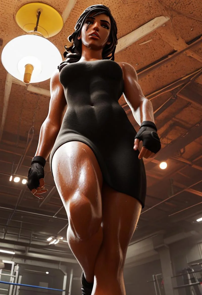 score_9, score_8_up, score_7_up, score_6_up, score_5_up, score_4_up, 3d, blender, fingerless gloves, navel, abs, solo, parted lips, upper body, dress, sweat, looking at viewer, brown hair, black dress, toned, brown eyes, ceiling, medium breasts, braid, dirty, muscular female, very dark skin, black gloves, black hair, long hair, ceiling light, 1girl, shoes, from below, gym, midriff, looking at viewer, indoors, dark-skinned female