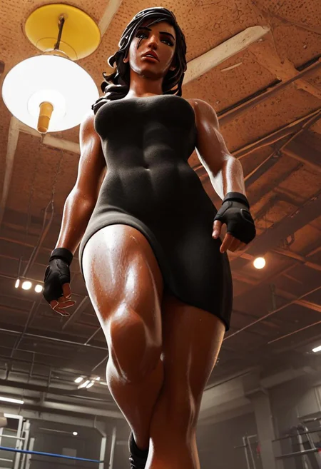 score_9, score_8_up, score_7_up, score_6_up, score_5_up, score_4_up, 3d, blender, fingerless gloves, navel, abs, solo, parted lips, upper body, dress, sweat, looking at viewer, brown hair, black dress, toned, brown eyes, ceiling, medium breasts, braid, dirty, muscular female, very dark skin, black gloves, black hair, long hair, ceiling light, 1girl, shoes, from below, gym, midriff, looking at viewer, indoors, dark-skinned female