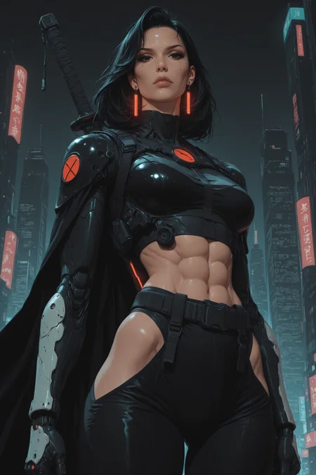 techwear fashion masterpiece, best quality, detailed eyes, detailed, detailed face, solo, subject focus,
cowboy shot, looking at viewer, dynamic angle, dynamic pose,
(1girl, mature female), muscular, abs,
black hair, medium hair, black eyes,
closed mouth, midriff,
sword behind back, holding sword on shoulder,
jewelry, earrings, glowing earrings,
gloves, black gloves, belt, black pants, cape, hip vent,
city skylines, mecha, cyberpunk
egirlpfp,
namech,
. futuristic, cyberpunk, urban, tactical, sleek, dark, highly detailed