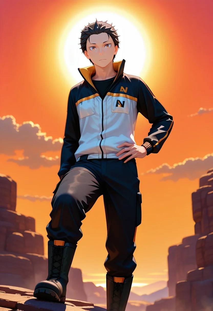 masterpiece, best quality, , (3d:0.4), looking at viewer, 1boy, solo, male focus, <lora:subaru_natsuki_ilxl:0.9>, subaru_natsuki, black hair, brown eyes, short hair, natsuki subaru, hair slicked back, , rule of thirds, spaceship, light, pose, distracted, aloof, oblivious, Harlequin Broderie anglaise Caramel Stretch chinos, Cargo shirt, Hiking boots, , and