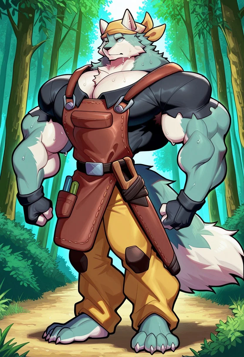 score_9, score_8_up, score_7_up, score_6_up, score_5_up, score_4_up, muscular arms, muscular pecs, muscular legs, high quality, (handsome), (detailed eyes), (detailed face), full body, ripped clothes, ((perfect face)), (anime face), alder, yellow bandana, leather apron, black shirt, (big feet), muscular, (sweaty), (standing in a forest), 0ld5h3p, blue fur