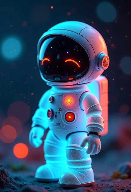 A robot Astronaut with translucent body illuminated with colorful LED's within, bokeh background, cute, lost in space