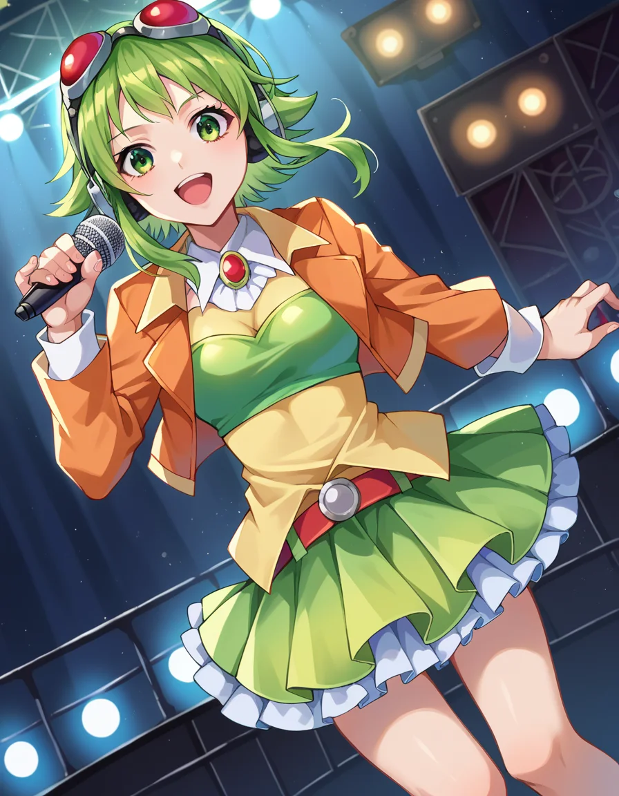 score_9, score_8_up, score_7_up, source_anime,
vocaloidgumi, <lora:vocaloid-gumi-ponyxl-lora-nochekaiser:1>,
gumi, green eyes, green hair, medium hair, sidelocks,
belt, brooch, frilled skirt, frills, goggles, goggles on head, green skirt, green tube top, headphones, high heels, jacket, jewelry, layered skirt, orange jacket, orange skirt, pleated skirt, red goggles, shirt, skirt, strapless, tube top, yellow shirt,
indoors, stage, stage lights, singing, audience, microphone, holding microphone, open mouth,
looking at viewer, dutch angle, cowboy shot,