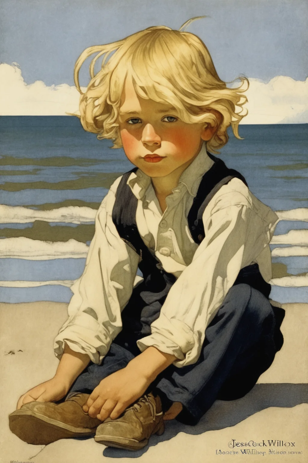 Jessie Willcox Smith Style - a boy with shaggy long blonde hair just above his chin sitting on the beach in the style of norman rockwell