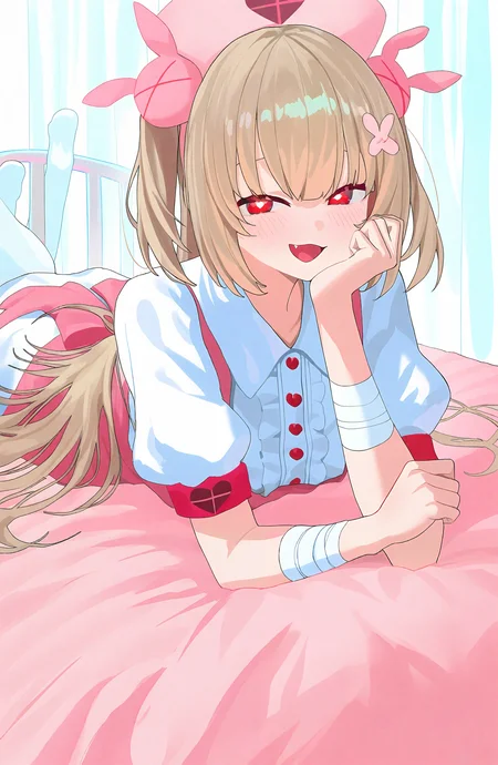 natori_sana, 1girl, solo, long_hair, looking_at_viewer, smile, open_mouth, hair_ornament, red_eyes, dress, hat, short_sleeves, heart, frills, lying, virtual_youtuber, puffy_sleeves, fang, white_dress, puffy_short_sleeves, two_side_up, v, bed, on_bed, bandages, light_brown_hair, on_stomach, >_<, bandaged_arm, collared_dress, nurse_cap, center_frills, pink_headwear, rabbit_hair_ornament, pink_apron, bandaged_wrist