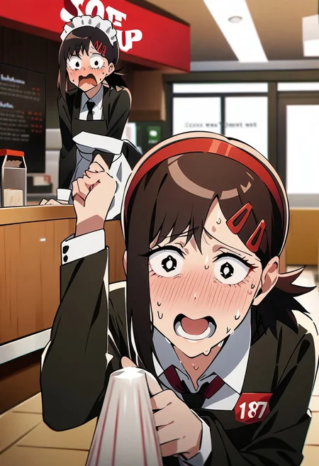 score_9, score_8_up, score_7_up, (1girl, character focus, Higashiyama_Kobeni, tripping, nervous wreck, sweat, waitress, fast food restaurant), (masterpiece: 1.2)