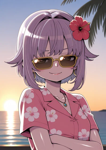 masterpiece, best quality, absurdres, perfect lighting,shiny skin,<lora:StS-Illustrious-Detail-Slider-v1.0:3>,<lora:illustrious_noobai_epsilon_pred_1_best_quality_v1:1>,<lora:hanauna_dd:0.8>,hanauna,1girl,koshimizu sachiko,hawaiian shirt,sunglasses,smirk, crossed arms,depth of field, ocean,palm tree, necklace, hair flower,hoop earrings,sunset,