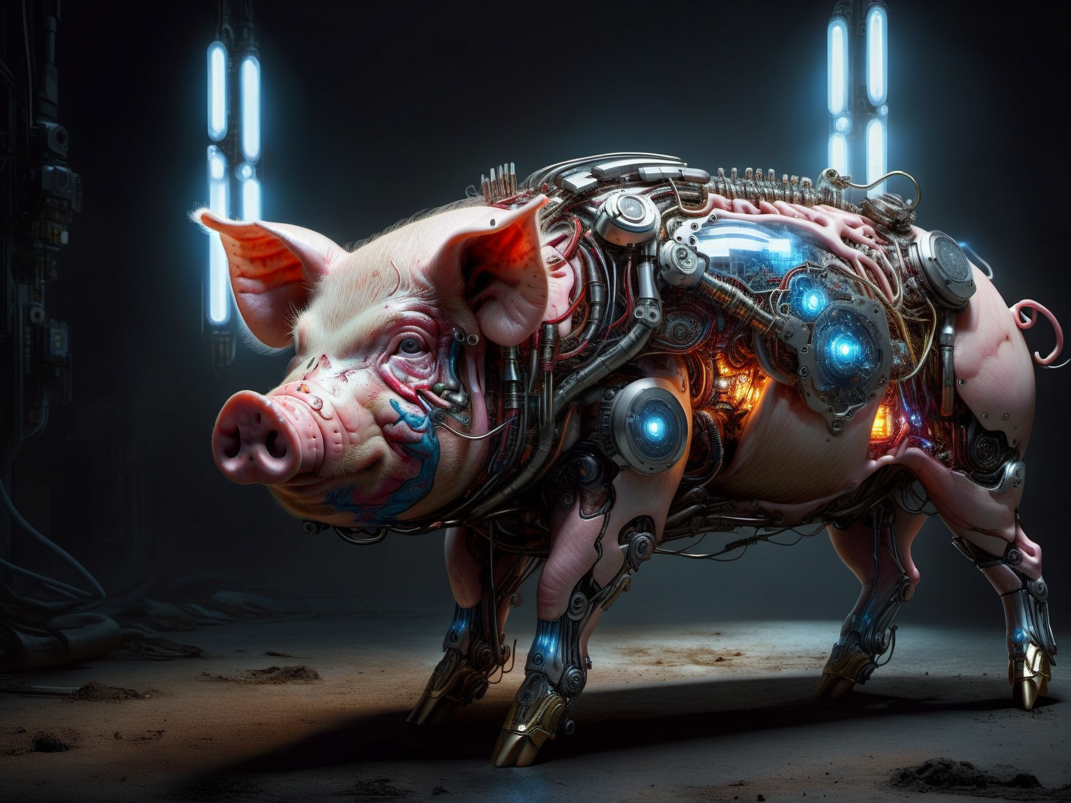 <lora:TechPunkAIv2Pruned:.9> BioPunkAI  cyborg pig (Highly detailed, amazing fantasy setting), (Shiny Impressive lighting), (Colorful, Ultra Realistic, High quality, Highly detailed, Sharp focus, 8K UHD, Art photography), (trending on artstation)