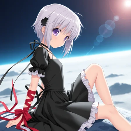 <lora:Kagari_1_nai-000017:1>,official art,Kagari,purple eyes,hair ornament,
black dress,arm ribbon,red ribbon,frilled dress,criss-cross halter,halterneck,puffy short sleeves,frilled sleeves,long ribbon,wrist ribbon,dress ribbon,black ribbon,black choker,neck ribbon,
BREAK
1girl,solo,on moon,sitting,from side,looking at viewer,lens flare,knee up,arms at sides,arm support,depth of field,
