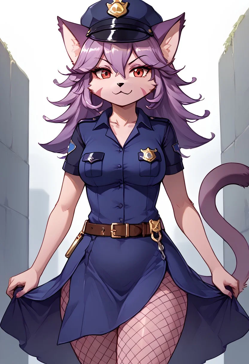 (absurdres), (highest quality), good_hands, opera_kranz_(solatorobo), furry, kemono, anthro, female, feline, felineko, purple fur, fur, 1girl, solo, looking at viewer, alternate outfit, hud_plce_wmn, short blue dress, short sleeves, belt, police hat, fishnets, badge, buttons