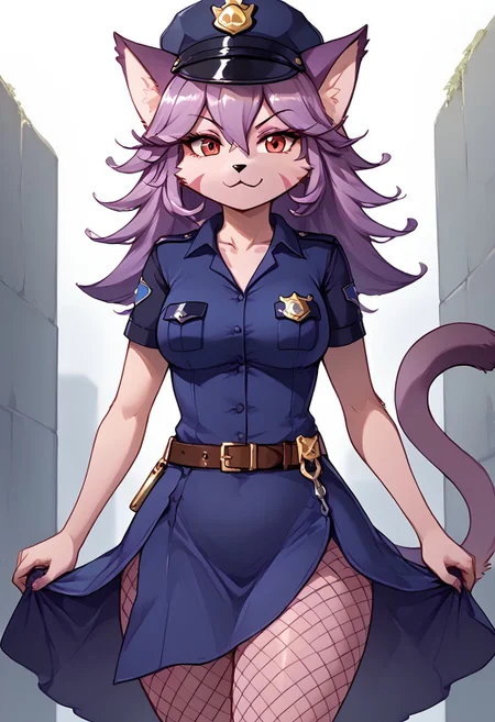 (absurdres), (highest quality), good_hands, opera_kranz_(solatorobo), furry, kemono, anthro, female, feline, felineko, purple fur, fur, 1girl, solo, looking at viewer, alternate outfit, hud_plce_wmn, short blue dress, short sleeves, belt, police hat, fishnets, badge, buttons