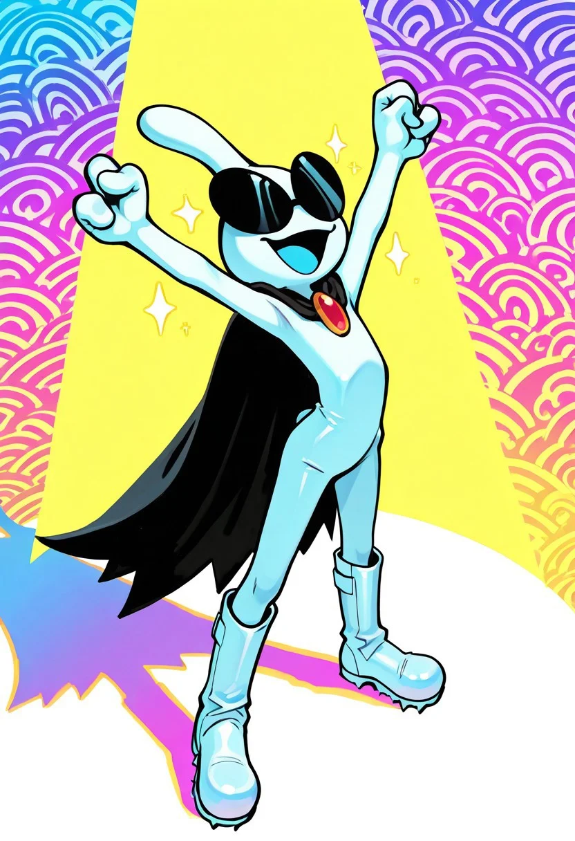 masterpiece, ultra detailed, amazing quality, absurdres, very aesthetic, solo, male focus, 1boy,
orbulon_WW, white skin, alien, 3 fingers, fewer digits, sunglasses, covered eyes, knee boots, white footwear, spiked footwear, standing, brooch, cape, torn cape, :D, smile, open mouth, blue tongue, sparkle, arms up, outstretched arms, head back, kneeling, cowboy shot, slim, small butt, wind, fluttering cape, full body, clenched hands, arched back,
BREAK
detailed shading, shadow, spotlight, psychedelic background, multi-colored, WaiIL25PosC, g0th1c, glowing, from above
