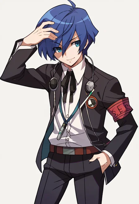 score_9, score_8_up, score_7_up, source_anime, BREAK, solo, 1boy, smirk, <lora:Under-Night-In-Birth-Portraits-pdxl_Fp:1>, simple background, looking to the side, <lora:MakotoP3-pdxl_Fp:1>, makotop3, school uniform, gekkoukan high school uniform, headphones, blue hair, blue eyes, short hair, black jacket, black pants, hair over one eye, hand in pocket, ribbon,armband,