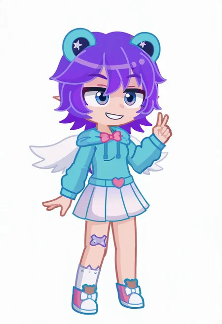 Simple Flat style, full length, character design on white background, FTROGY5, GachaFTROGY5, Gacha, girl, purple hair, bob haircut, blue frog ears, Vector art, expressive emotions, cartoon proportions, Disney cartoon, 2d, Blue eyes, turquoise hoodie, Belt with a pink heart, white wings, big eyes, pink bow, white skirt, checker on the leg, White stocking, pink boots with teddy bears