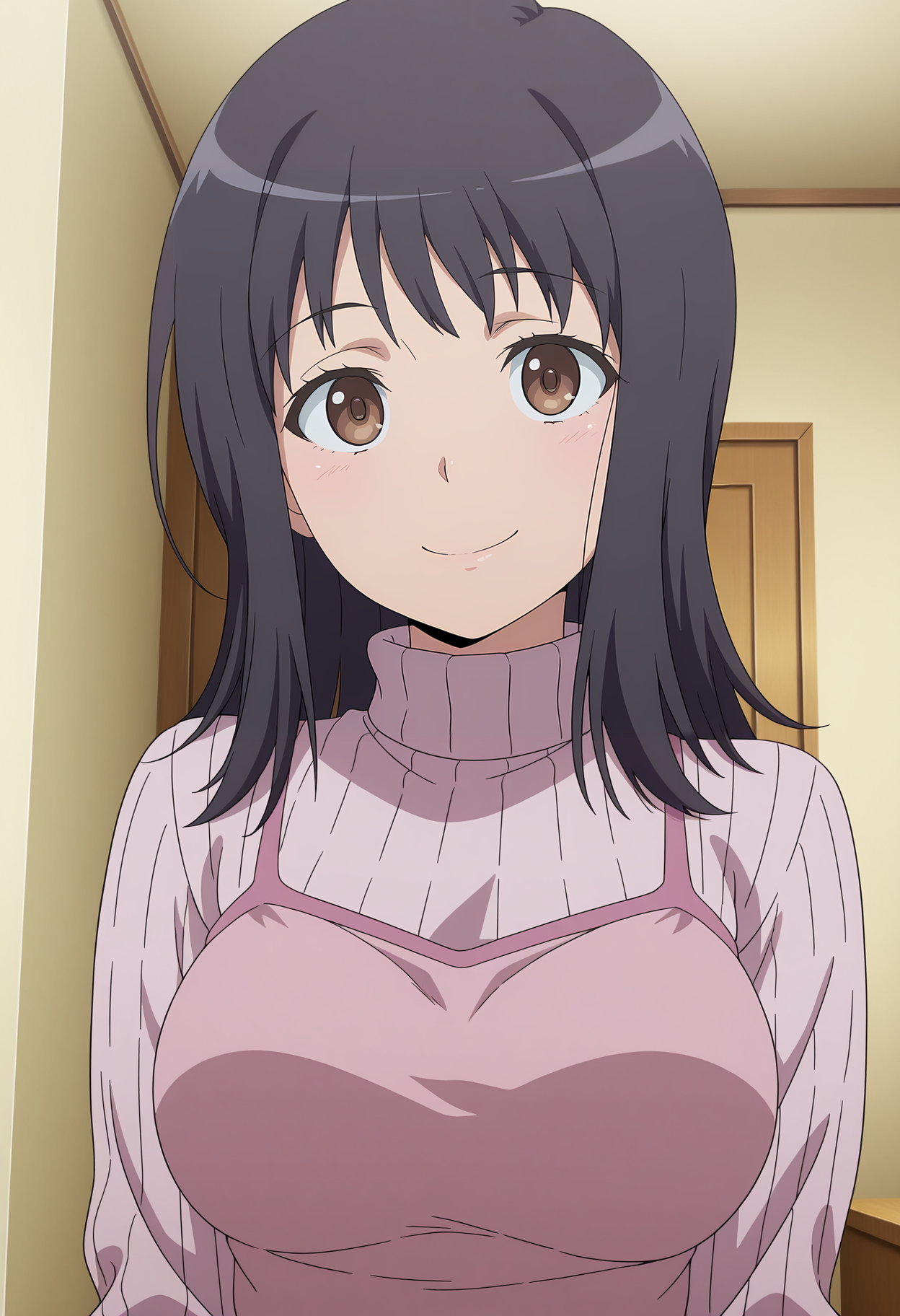 1girl,solo,mm,mature female,medium hair,brown eyes,black hair,anime coloring,
sweater,turtleneck,pink camisole,upper body, looking at viewer, smile,indoors
,masterpiece,best quality,amazing quality,<lora:Itsuwa-Toaru_Majutsu_no_Index:0.8>