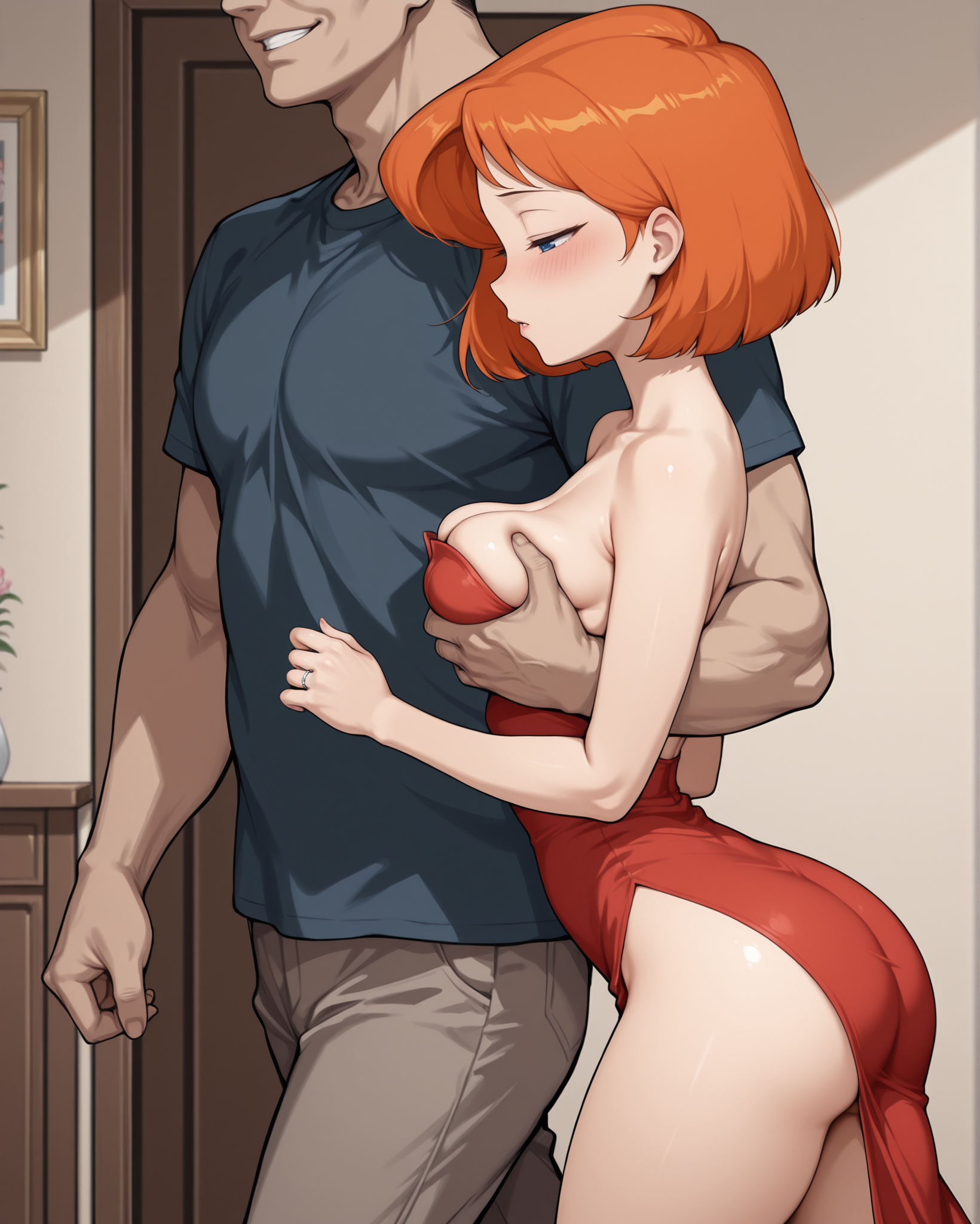 masterpiece, best quality, side_view_two_character, 1girl, ann possible, short hair, orange hair, blue eyes, medium breasts, bare shoulders, bare arms, blush, netorare, cheating wife, cheating (relationship), skindentation, from side, breast grab, 1boy, faceless male, size difference, male face out of frame, side view, profile, walking, walking side by side, dress, seductive, half-closed eyes, female wedding ring, ass, arched back, strapless dress, gluteal fold, female parted lips, male grin,
<lora:Side_view_two_character_hand_on_anothers_shoulderbreast_grabass_grabhand_on_anothers_waist_Illustrious:1>, red dress,