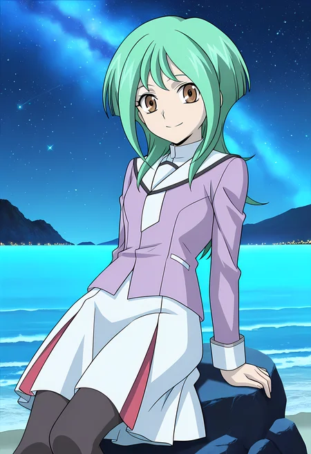 masterpiece,best quality,amazing quality,
solo,
Tokoha Anjou (Cardfight Vanguard), long hair, green hair, brown eyes,
school uniform, serafuku, purple shirt, white sailor collar, long sleeves, white skirt, black pantyhose,
looking at viewer, smile,
lying, Leaning back on rock,
cinematic,
bloom, night, at beach, starry sky, galaxy sky, glowing blue ocean waves, blue light, detailed shadow,
Official style, anime screencap, anime coloring,
