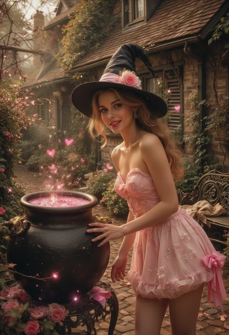 Vintage Valentines masterpiece in the style of Gil Elvgren pin-up art — A beautiful witch with classic 1950s glamour and a playful, confident smile, leaning over a bubbling cauldron of pink liquid that releases swirling, delicate hearts of smoke and glittering magical dust. The witch's form-fitting Valentine's dress, adorned with subtle mystical embroidery, blends vintage elegance with enchanting magic. The background features a charming cottage with ivy-covered stone walls, wooden shutters, and a slightly off-kilter chimney, exuding nostalgic warmth. Quaint garden details—including scattered, unfurled love letters and an ornate wrought-iron bench—whisper secrets of a bygone romantic era. The entire scene is enveloped in rich, warm sepia tones, deepening the nostalgic atmosphere. Soft pastel highlights subtly peek through, while a golden vintage glow enhances the interplay of light and shadow. A gentle vignette effect adds an aged, timeless quality, evoking the dreamy romance of an old photograph brought to life.