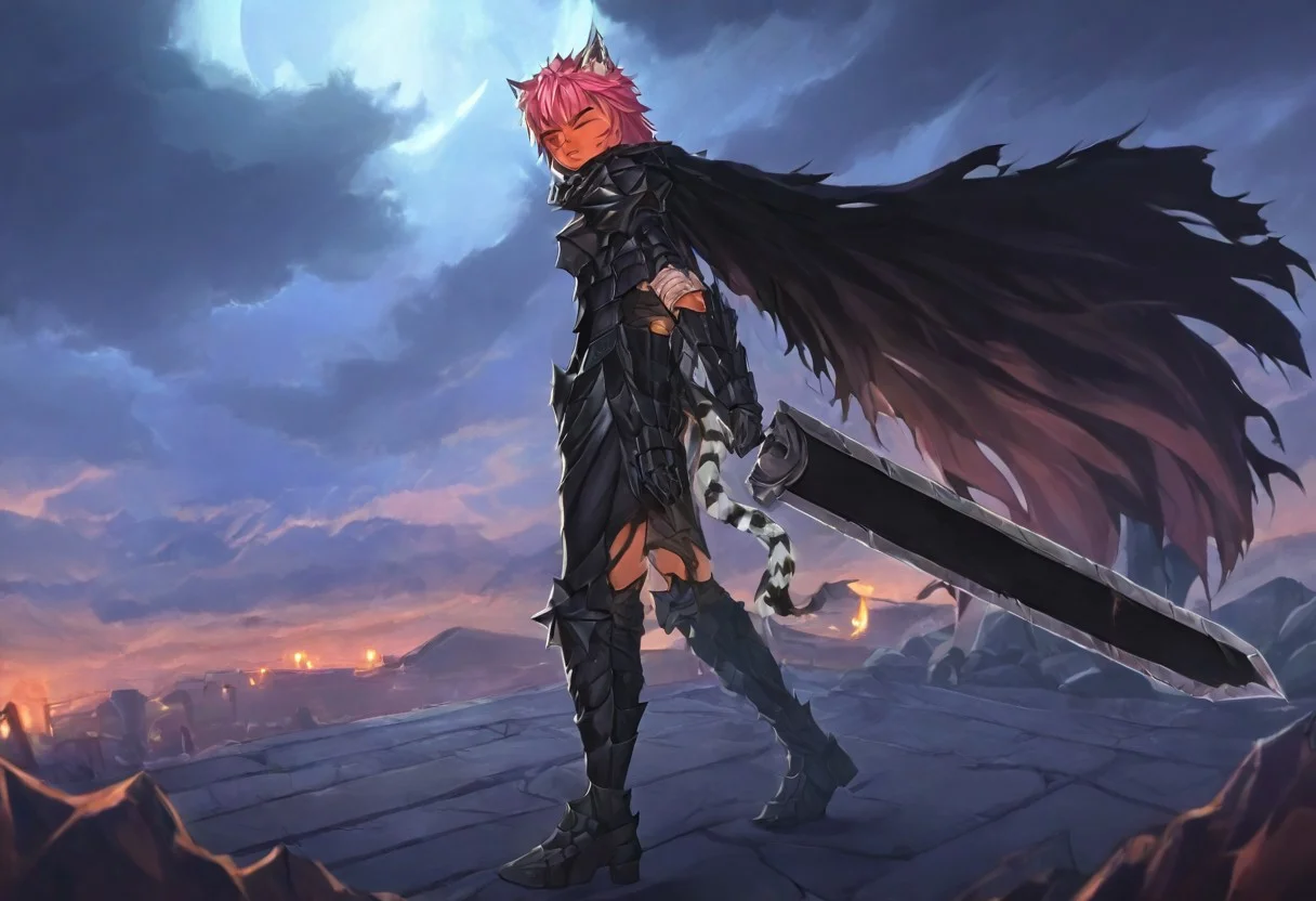 masterpiece, very aesthetic, anime screenshot, 1girl, Pink_PonyXL, DragonSlayerSword-Il.V1.0, black armor, shoulder armor, gauntlets, greaves, bandaged arm, black cape, torn cape, bright pink hair, cat ears, scar on nose, one eye closed, cat bell around neck, tanned, white tiger tail, small breasts, scowling, standing, looking at viewer, side view, wielding-dragonslayer, huge weapon, sword, holding sword, holding weapon, full body, zoomed in on pink_ponyxl
Break
City of hyrule on fire, at night