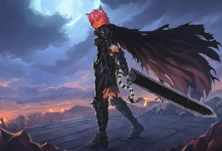 masterpiece, very aesthetic, anime screenshot, 1girl, Pink_PonyXL, DragonSlayerSword-Il.V1.0, black armor, shoulder armor, gauntlets, greaves, bandaged arm, black cape, torn cape, bright pink hair, cat ears, scar on nose, one eye closed, cat bell around neck, tanned, white tiger tail, small breasts, scowling, standing, looking at viewer, side view, wielding-dragonslayer, huge weapon, sword, holding sword, holding weapon, full body, zoomed in on pink_ponyxl
Break
City of hyrule on fire, at night