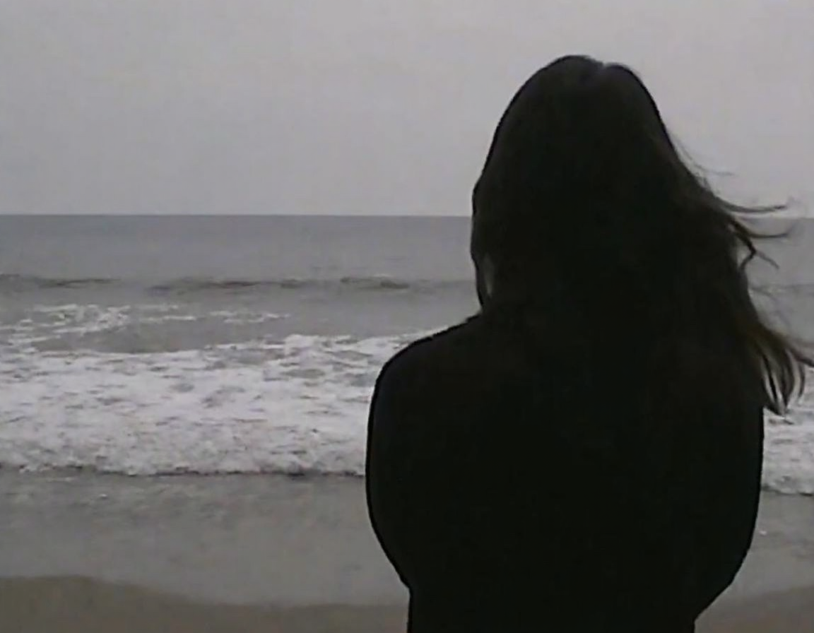 v8s, woman, from back view, dark silhouette, dark long hair, wearing dark shirt, standing on beach, ocean waves, horizon line, overcast sky, underexposed lighting