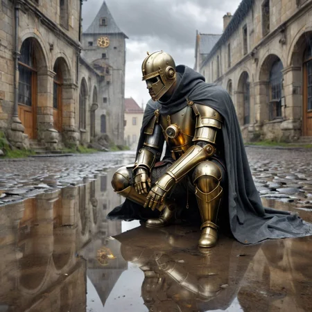 Masterpiece, DonMSt34mPXL, Realistic Lightning, Cinematic Lightning, Dark Lightning, Rain, Puddle, Clouded Sky, medieval, fantasy, pedestrians, Cloak, Reflection.
((((broken, sitting, brass Clockwork Soldier, with human like face) leaning against (abandoned gray stone building))) in a (medieval city)). Highly detailed clockwork soldier. (Unfocused medieval pedestrians in background). fandist background.